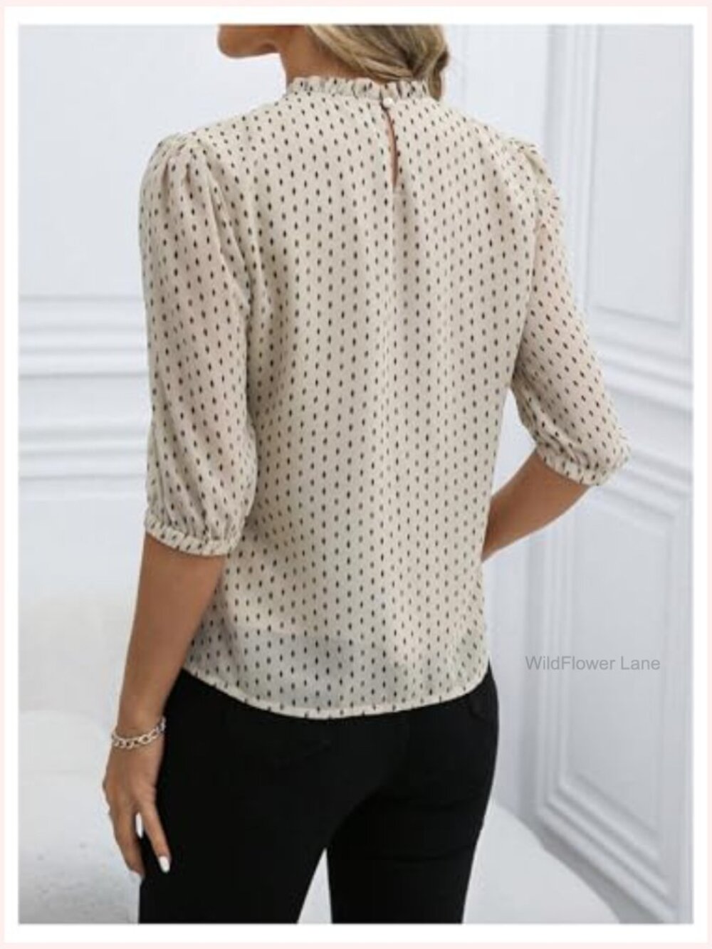 Half Puff Sleeve Polka Dot Blouse Button Mock Neck Pleated Tops - Picture 2 of 5